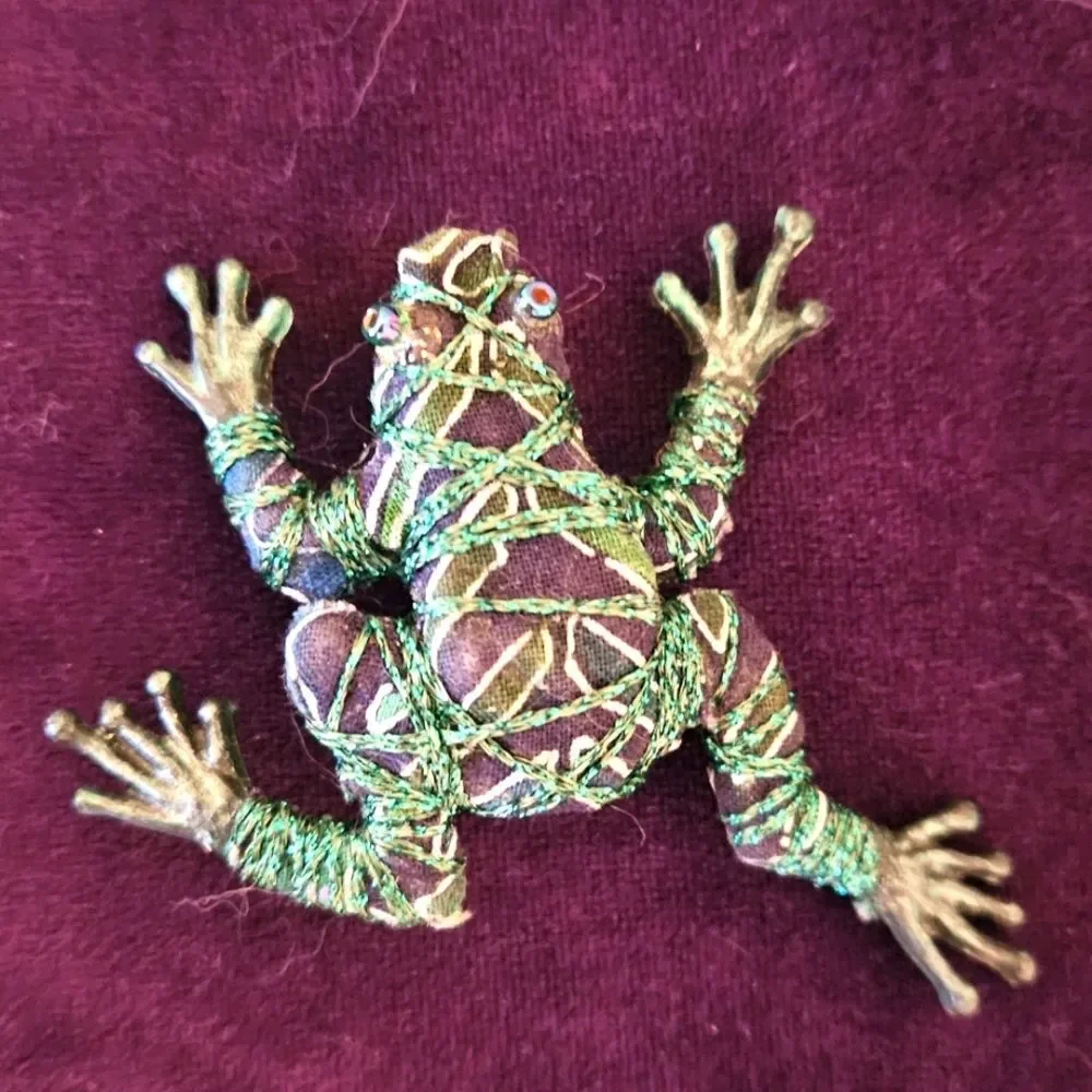 Unique Fabric Frog Brooch pin with Green and Purple Accents